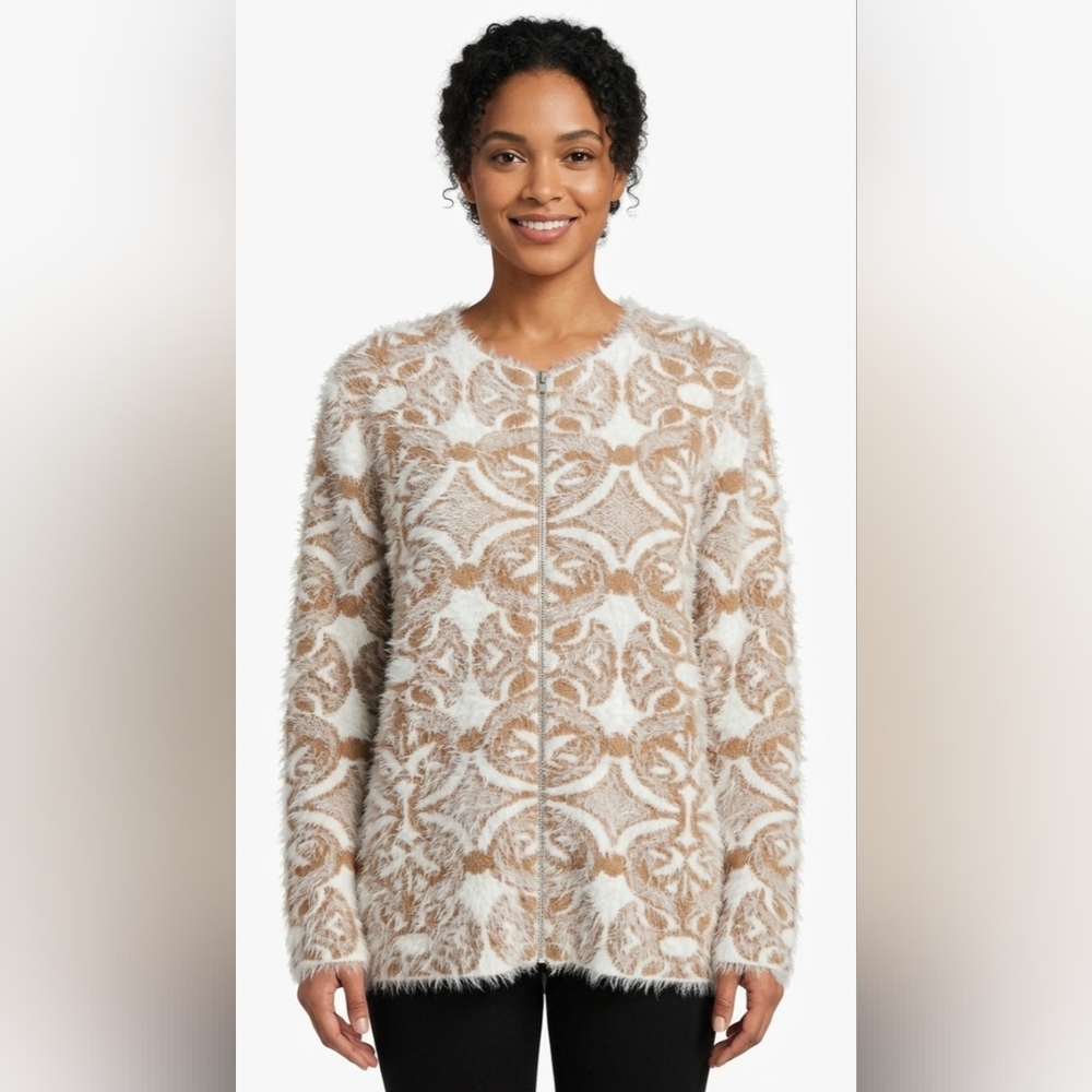 NWOT The Limited Cream & Beige Fuzzy Zip Cardigan Size L